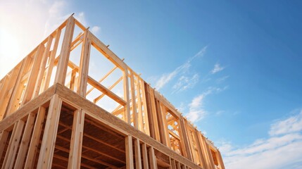 Structure of wooden house under construction with visible beams and framework against clear blue sky.