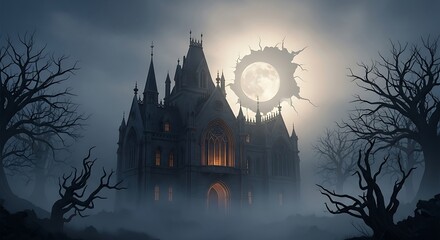 Eerie gothic architecture under a full moon creates a chilling atmosphere perfect for Halloween designs or spooky fantasy book covers and atmospheric backdrops