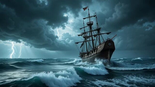 Majestic pirate ship braving a fierce storm at sea with dramatic lightning strikes illuminating the turbulent waves.