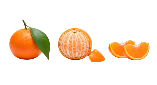 Fresh orange citrus fruit whole peeled slices and leaf