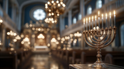 Interior of synagogue with glowing Hanukkah menorah near ark.