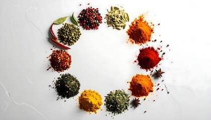 Circle of vibrant spices suitable for food blogs, kitchen decor, cookbook covers, culinary social media posts, and restaurant menus. Vibrant, colorful, versatile.