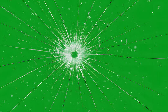 Broken glass crack impact on green screen background, shattered bullet hole texture chroma key template, damaged window pane fracture abstract close up, destruction smash surface isolated detail patte