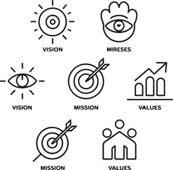 Business vision mission values goals icons set.