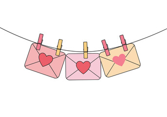 Love letters on string hanging with colorful clips on white background  