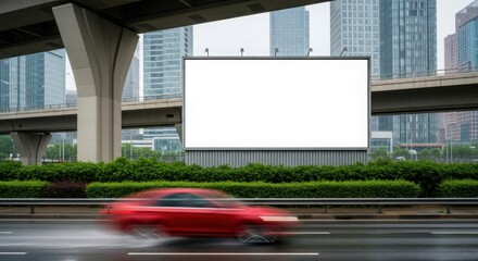 Vector art of blank billboard on a busy highway with a blurred red car passing by in front of city buildings