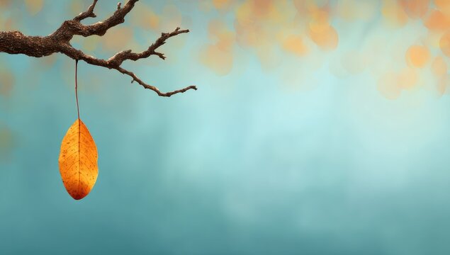 A solitary, autumnal leaf hangs suspended from a bare branch against a soft, pastel backdrop. - Powered by Adobe