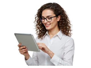 Smiling young woman with curly hair wearing glasses and a white shirt holding a tablet computer isolated on transparent background