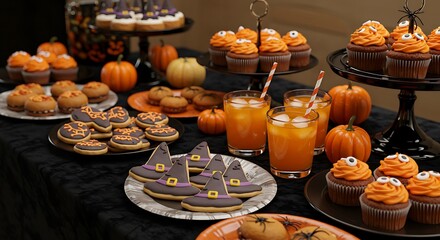 Fototapeta premium Abundant Halloween Dessert Buffet Table with Themed Cookies, Cupcakes, and Festive Drinks