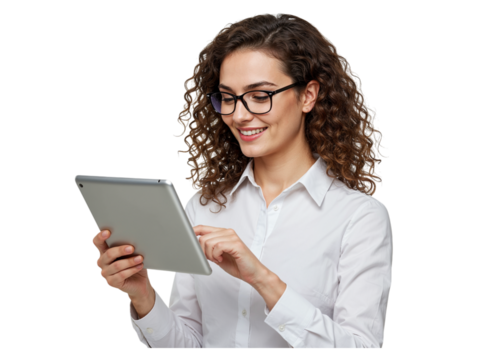 Smiling young woman with curly hair wearing glasses and a white shirt holding a tablet computer isolated on transparent background