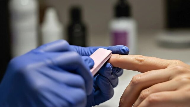 Manicurist Prepares Nails with Buffer for Perfect Manicure at Spa