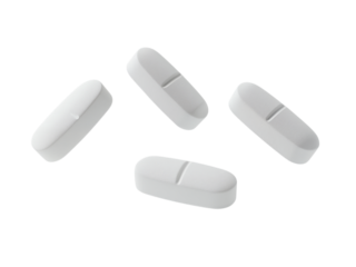 Four white oval shaped pills or tablets arranged in a scattered pattern isolated on transparent background