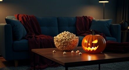 Cozy Halloween Movie Night with Jack-o'-Lantern, Popcorn, and Warm Blanket