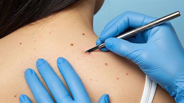 Mole Removal Procedure Close Up Back of Woman with Scalpel