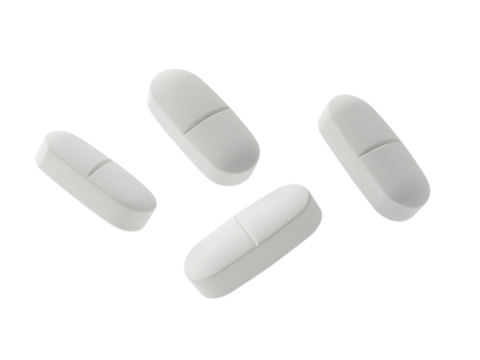 Four white oval shaped pills scattered in a random pattern isolated on transparent background
