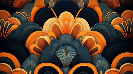 Fototapeta premium Dark blue-orange abstract fan pattern with distinct layers and symmetrical composition, for poster packaging and web design