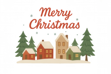 Merry christmas holiday greeting with a snowy village scene, featuring houses and pine trees on transparent background