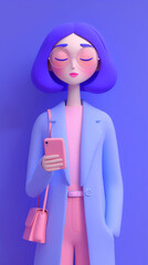 3D illustration stylish woman with smartphone. Digital lifestyle, mindfulness, technology balance.