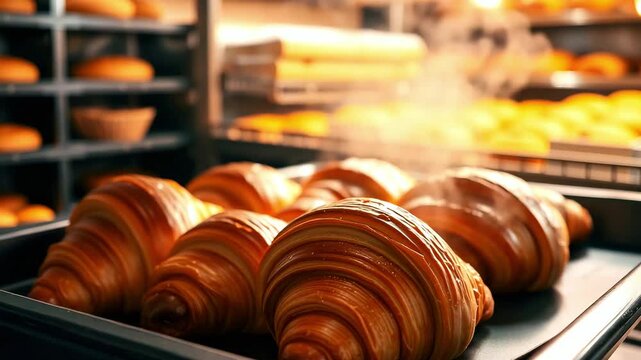 Steaming hot delicious croissants with crisp crusts on a metal baking sheet in a bakery. Freshly baked French croissant for breakfast at a cafe