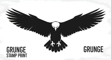 Fototapeta premium Black eagle silhouette with spread wings — grunge stamp print emblem on textured background