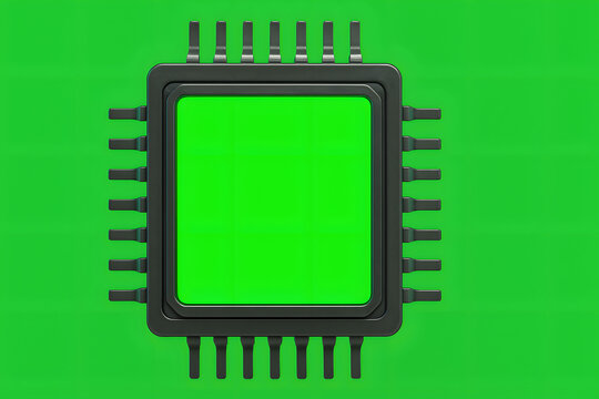 Microchip processor with green screen center, electronic semiconductor circuit component isolated on chroma key background, futuristic cpu technology template for digital hardware design