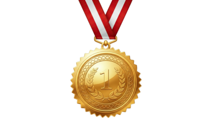 Golden first place medal with red and white ribbon, award of excellence