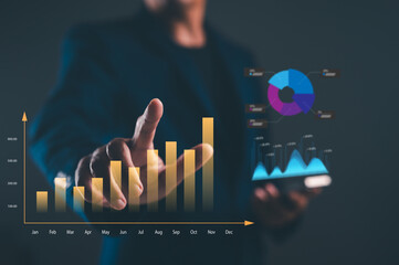 A professional presenting data visualizations with bar charts and pie charts, signifying analytics...