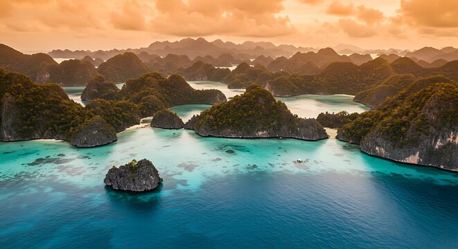 Aerial View of Tropical Islands and Turquoise Sea at Sunset