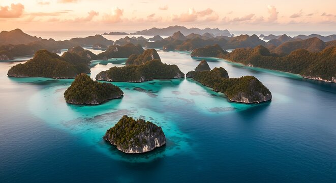 Aerial View of Tropical Islands and Turquoise Sea at Sunset
