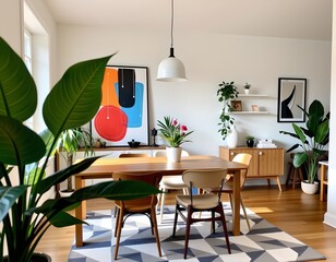 Modern Dining Area with Vintage Chairs and Greenery