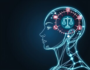 Futuristic Human Head with Holographic Interface Neon Blue