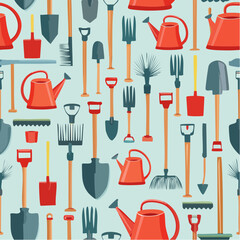 High quality vector seamless pattern of farm tools including shovels, rakes, hoes, watering