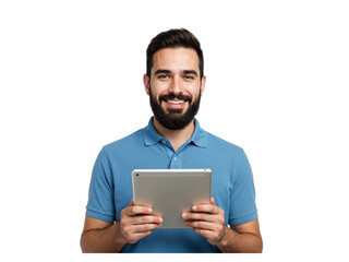 Smiling man holding a tablet computer with earbuds in his ears technology concept isolated on transparent background