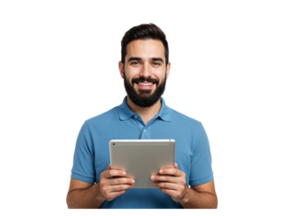 Smiling man holding a tablet computer with earbuds in his ears technology concept isolated on transparent background