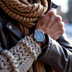 Closeup Stylish Wristwatch Winter Outfit
