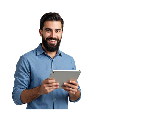 Smiling man in blue shirt holding a tablet computer and looking at the camera isolated on transparent background