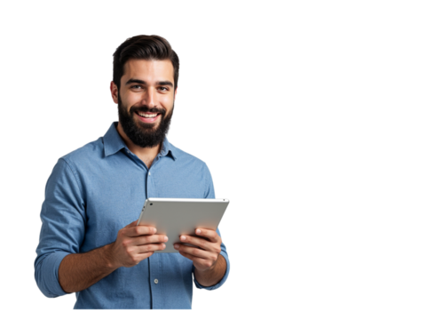 Smiling man in blue shirt holding a tablet computer and looking at the camera isolated on transparent background