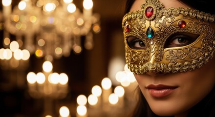 A beautiful and mysterious woman with alluring eyes wears an ornate jeweled golden masquerade mask at a luxurious ball with chandeliers and bokeh lights in the background