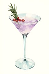 Colorful christmas cocktail with rosemary and berries served in a stylish glass on a clear background