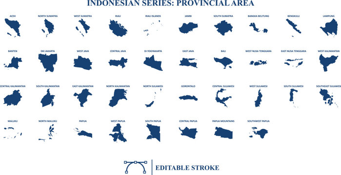 Set of icons of the Indonesia series for the province region. There are 38 vector icons of Indonesian provinces with editable strokes. 