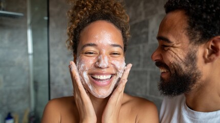 Woman applying face mask, smiling at camera, standing next to man.