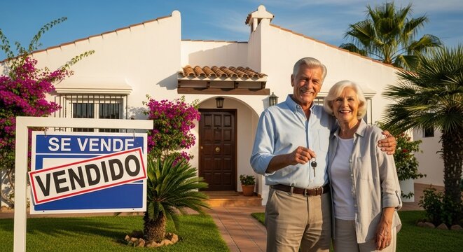 A happy german senior couple smiles proudly holding the keys to their new Spanish villa with a "SE VENDE / VENDIDO" (For Sale / Sold) sign in spain