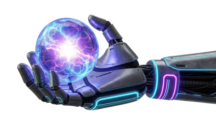 Futuristic robot hand holding glowing energy sphere with neon accents