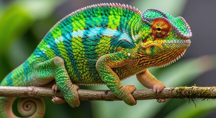 Obraz premium A vibrant and colorful panther chameleon with stunning green yellow and blue skin sits on a branch showcasing its incredible ability to change color and adapt
