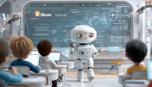 Footage motion of Futuristic Student learning Bitcoin Blockchain algorithms with Ai or Robot, digital currency, decentralized finance, learning or knowledge concept