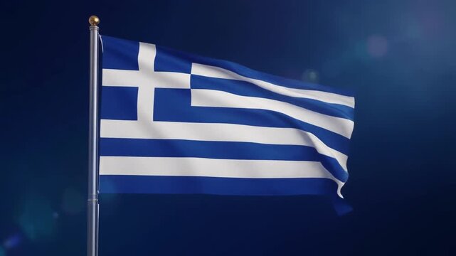 Ultra HD cinematic footage of the Greek flag with blue and white stripes and cross in the corner waving gently against a seamless deep blue background with vivid fabric details soft lighting and crisp