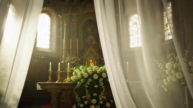 Sunlight streams into a church, illuminating altar flowers and candles