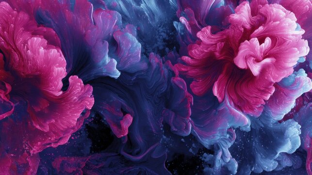 Abstract fluid art background with pink and blue colors, beautiful peonies, fantasy flower background