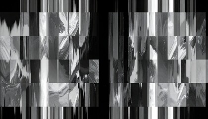 Abstract monochrome graphic showing two vertical panels of fragmented, distorted, and blended shapes