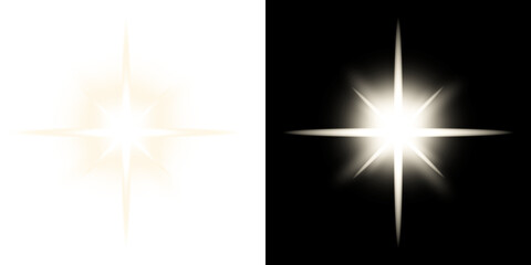 Glowing Golden Star Lens Flare, Realistic Light Effect for Overlay on Transparent Background
